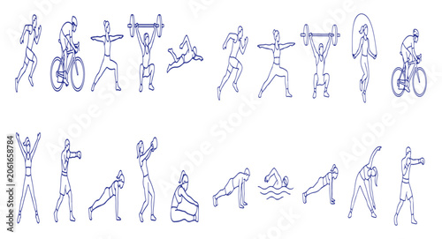 fitness and sports activities line art vector set. running, cycling, swimming, boxing, and yoga athlete illustrations