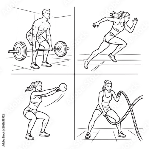 Fitness exercise line art silhouette elements collection