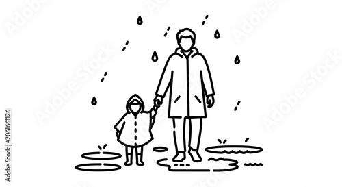 Parent and Child Walking in Rain Line Art Illustration