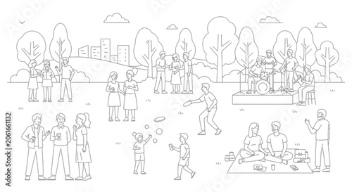 People Enjoying Outdoor Park Activities Line Art Illustration
