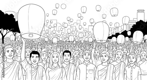People Celebrating Sky Lantern Festival Line Art Illustration