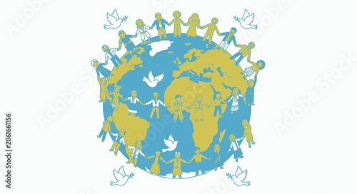 People Holding Hands Around Earth Globe for Global Peace