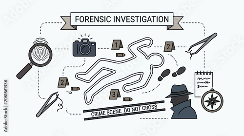 Forensic Investigation Crime Scene Illustration with Evidence Markers and Detective