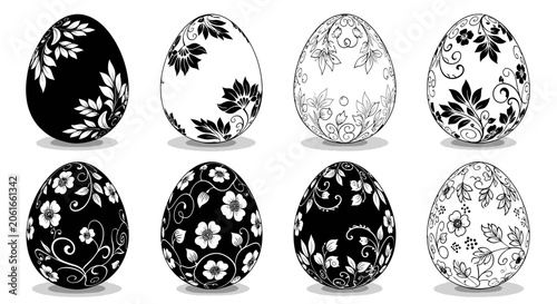 Set of Decorative Black and White Easter Eggs with Floral Patterns