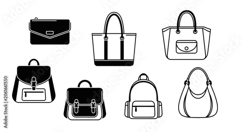 Set of Various Women's Handbags and Backpacks Vector Icons