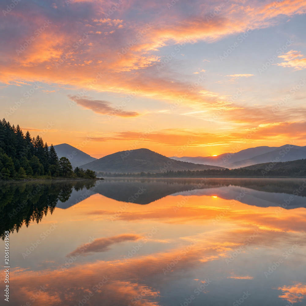 Fototapeta premium Calm lake reflection at sunset