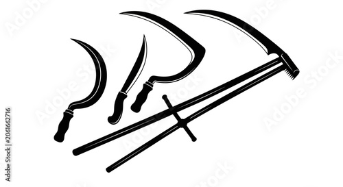 Foto Sickle and scythe tools for harvesting crops