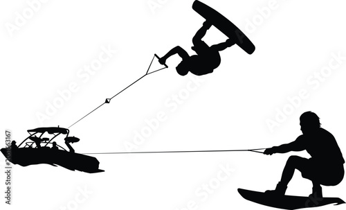 Wakeboarding silhouettes pack showing a speed boat pulling riders performing a mid air flip trick and carving on water