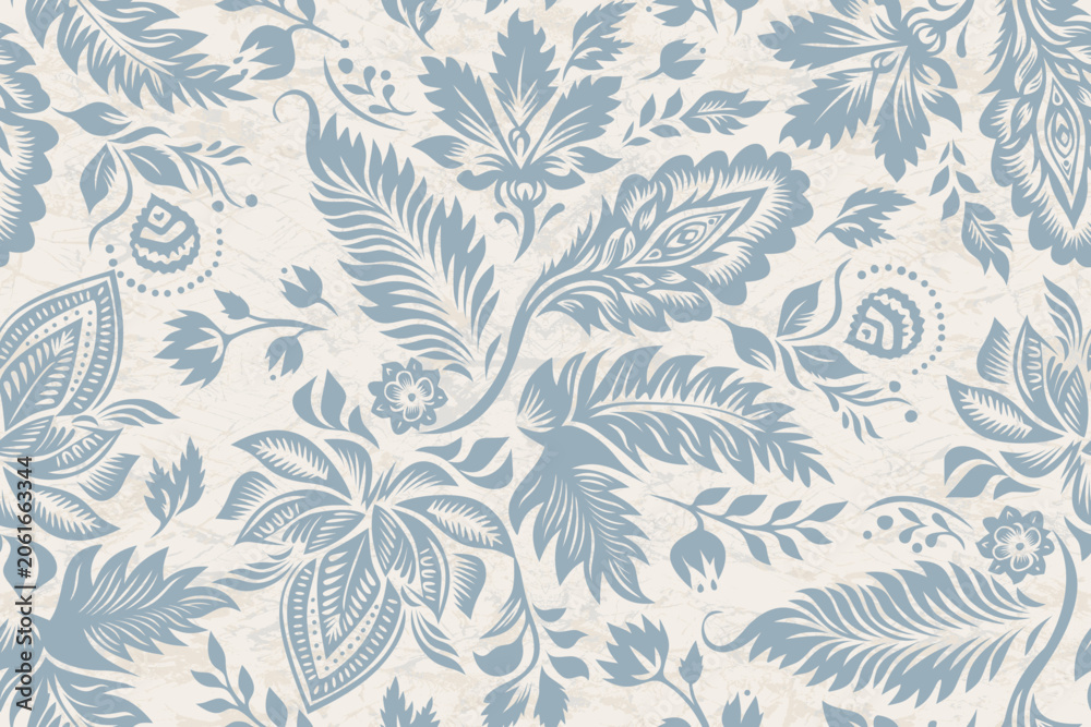 Fototapeta premium Vintage Damask Paisley Seamless Pattern.Retro Toile de Jouy Style Leaf Ornament.Antique Arabesque Backdrop.Classic Indian Chintz Style Botanical Wallpaper for Textiles, Fabric, and Wrapping Paper