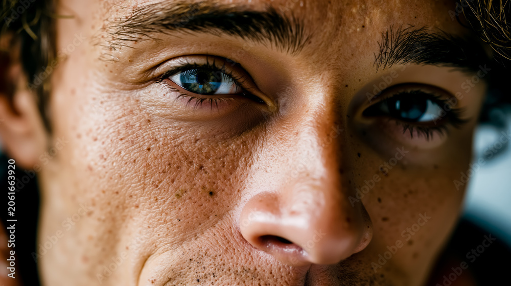 Naklejka premium Close-up of a man's face with blue eyes and freckles