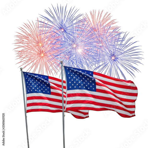 American flags on sticks with fireworks exploding in air for fourth of july