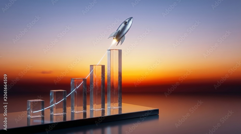 Fototapeta premium Glass bar chart with rising rocket for business growth, growth analytics, startup finance