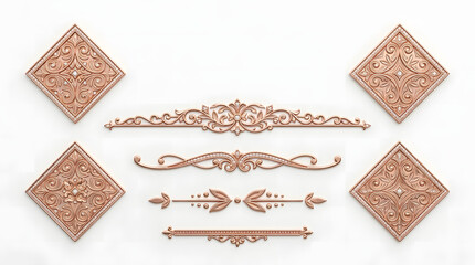 Elegant Rose Gold Decorative Accents and Diamond Elements on White Background