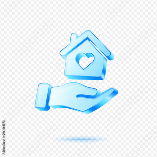 Hand Holding House Heart Care, 3D Blue Glossy Home Protection Icon
