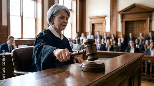 Judge in courtroom striking gavel, justice and law concept