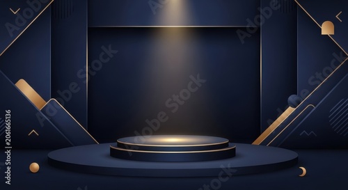 Minimalist modern stage with spotlight and golden podium props