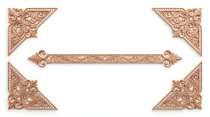 Elegant Rose Gold Ornate Corner Accents with Floral Engravings on White Background