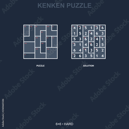 Hard 6x6 KenKen math puzzle with solution. Dark blue background logic brain teaser with arithmetic cages. Challenging printable worksheet for adults