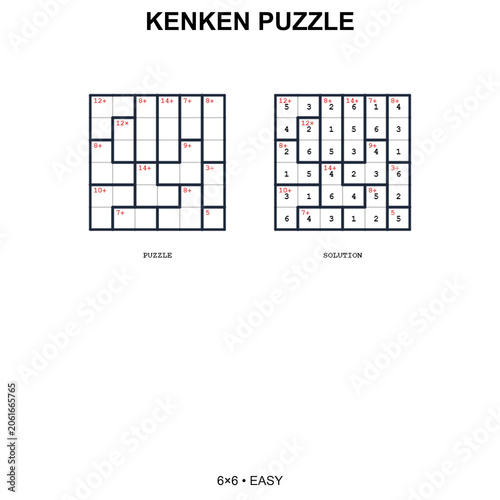 Easy 6x6 KenKen math puzzle with solution. White background logic brain teaser with arithmetic cages. Printable educational worksheet for beginners
