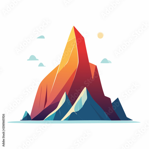 Stylized Mountain Landscape with Sun and Clouds