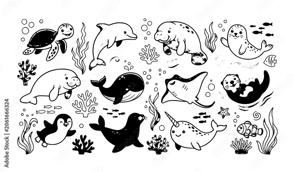 Fototapeta premium Peaceful Marine Animal Vector Collection with Ocean Wildlife and Bubble Elements