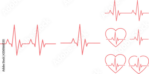 Red heart rate and heartbeat line icons