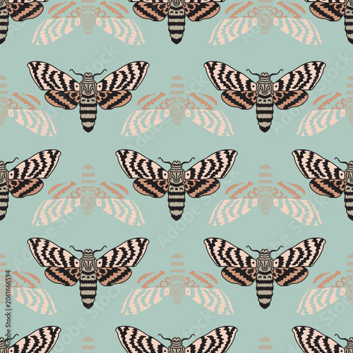 Pastel Moths on Green Vector Seamless Pattern