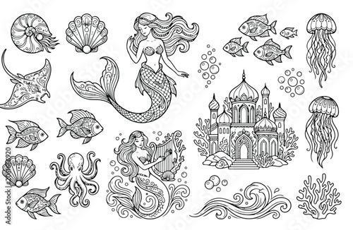 Photography Intricate mermaid coloring book page vector set, underwater sea life illustratio