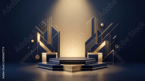 3d golden light beam on stage with musical instrument silhouettes