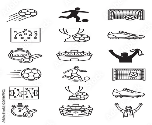 soccer and football sports icon collection. minimalist line art set of balls, trophies, stadium, cleats and whistle