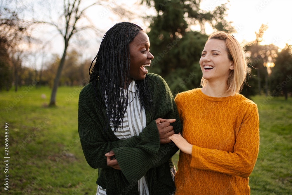 Fototapeta premium Diverse women laughing enjoying friendship bonding in park