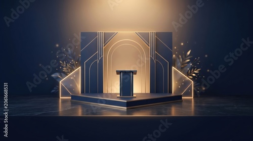 Elegant golden stage with podium and arched backdrop for presentation or event