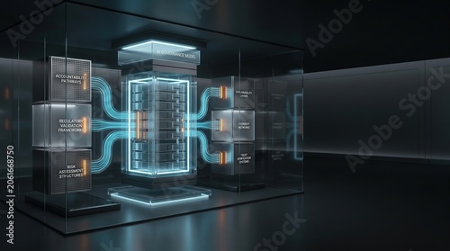 Futuristic artificial intelligence governance model server in a dark room, machine learning security.