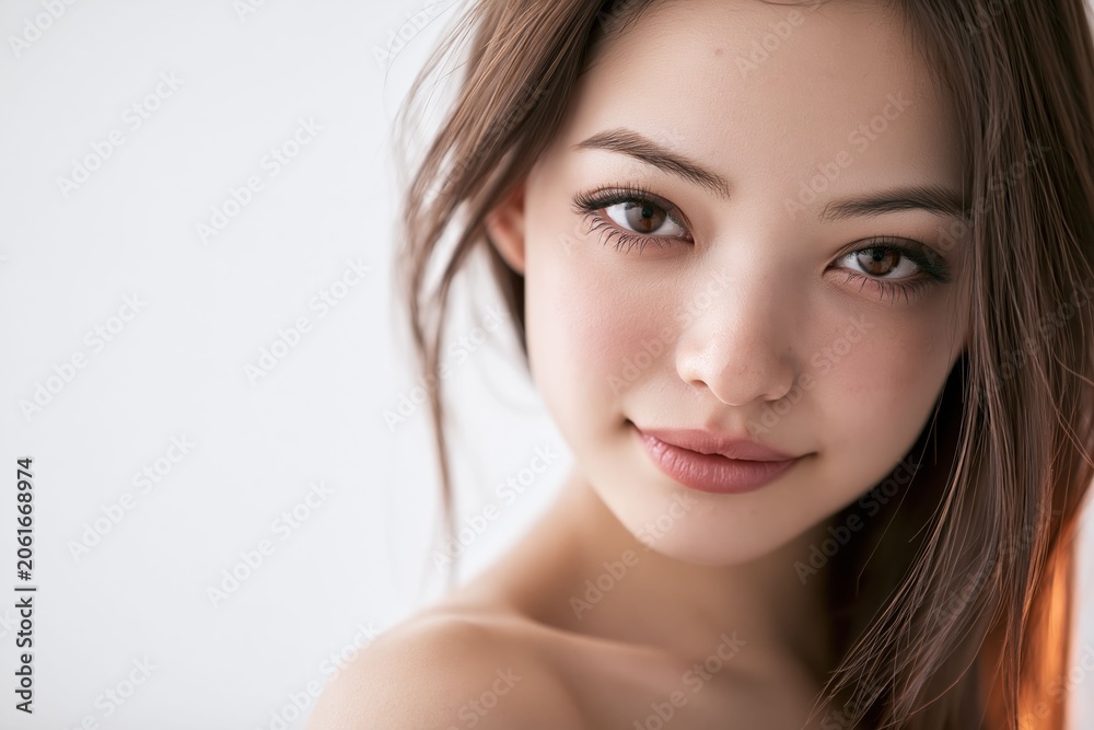 Naklejka premium A young Asian woman with glass-like radiant skin creates a premium skincare visual ideal for beauty, cosmetic, and wellness advertising campaigns.