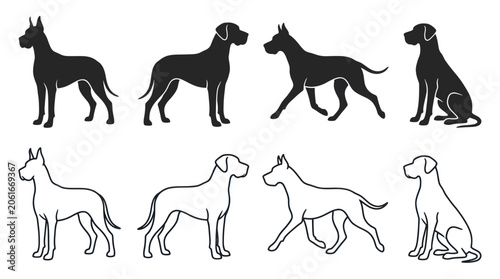Tableau sur toile Great Dane Dog Silhouettes and Line Art Poses
