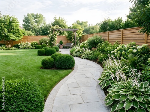Neat stone paved pathway in a landscaped backyard garden