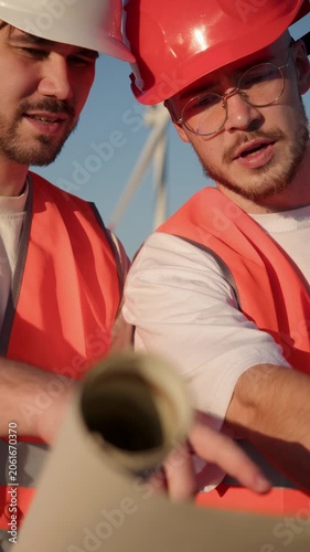Two European construction workers carefully review and discuss wind turbine blueprints during installation process at wind farm site. Engineers in safety vests and hard hats examine rolled technical