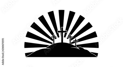 Three crosses on hill with sunrise background