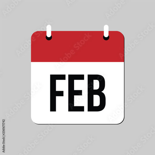 Minimal February calendar icon with red and white design isolated on gray background. Concept of monthly planning, scheduling, date reminder, business calendar, time management, and annual planning.