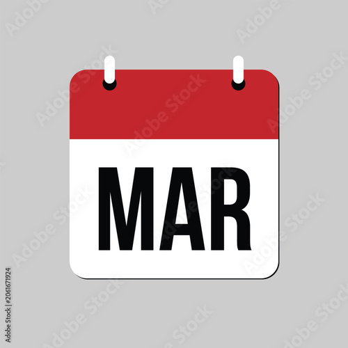 Minimal March calendar icon with red and white design isolated on gray background. Concept of monthly planning, scheduling, date reminder, business calendar, time management, and annual planning.