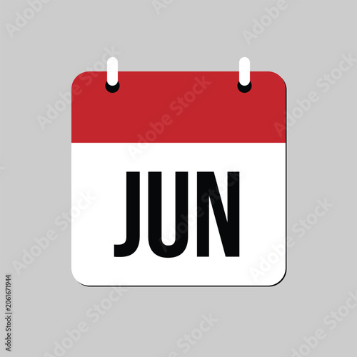 Minimal June calendar icon with red and white design isolated on gray background. Concept of monthly planning, scheduling, date reminder, business calendar, time management, and annual planning.