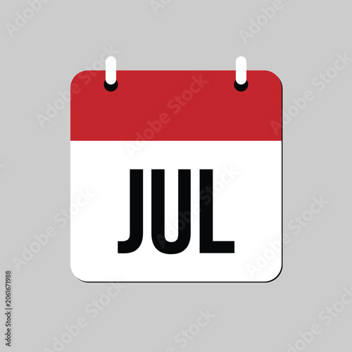 Minimal July calendar icon with red and white design isolated on gray background. Concept of monthly planning, scheduling, date reminder, business calendar, time management, and annual planning.