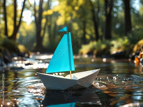 A small paper boat sails on a serene river.