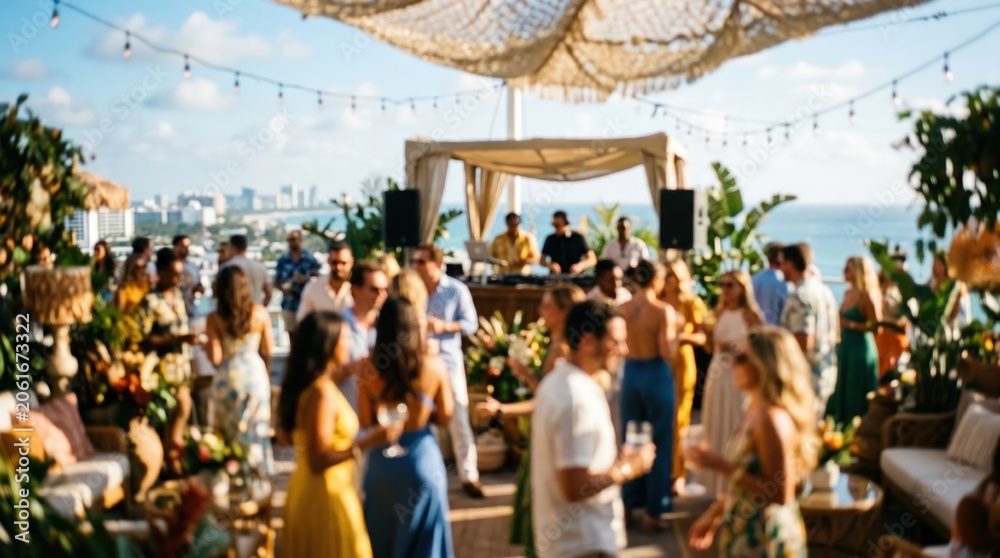 Obraz premium Blurred rooftop party beach lounge people social gathering summer vacation luxury resort travel destination outdoor bar club lifestyle