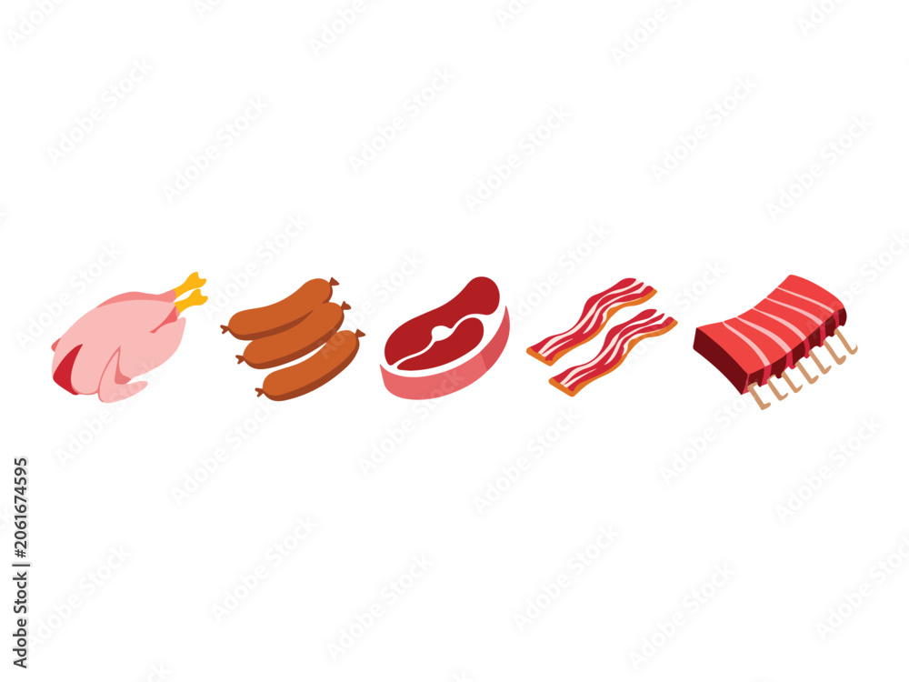 Fototapeta premium Assorted raw and cooked meat types on white background chicken sausages steak bacon ribs