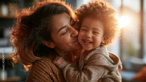 A wide shot of a mother scooping softly up her giggling child for a tender kiss in a sunlit bright living room mother kiss open faces bright home daylight workspace full
