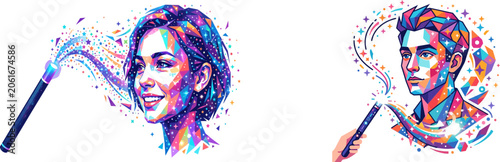 Fotografia Vibrant illustrations of young adults with glowing wands