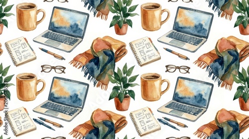 Cozy workspace setup inspiration home office digital art relaxed atmosphere overhead view productivity concept
