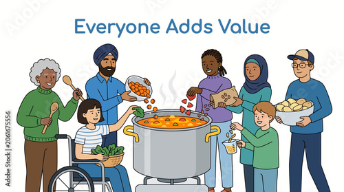 Flat vector illustration of diverse people contributing to a communal meal, symbolizing shared effort and value