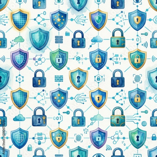 Cybersecurity patterns digital encryption shields online environment graphic design tech concept for safety